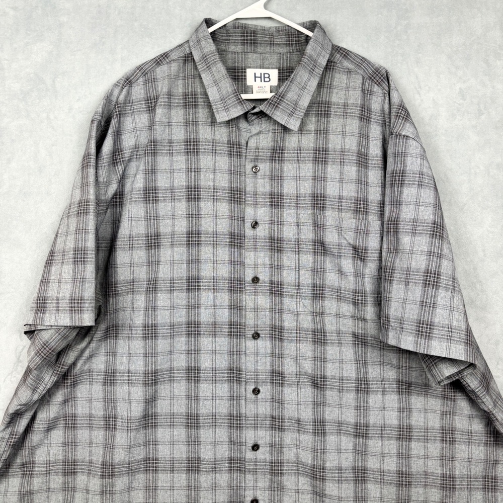 HB Harbor Bay Mens 4XLT Gray Plaid Short Sleeve Button Down Shirt Big and Tall
